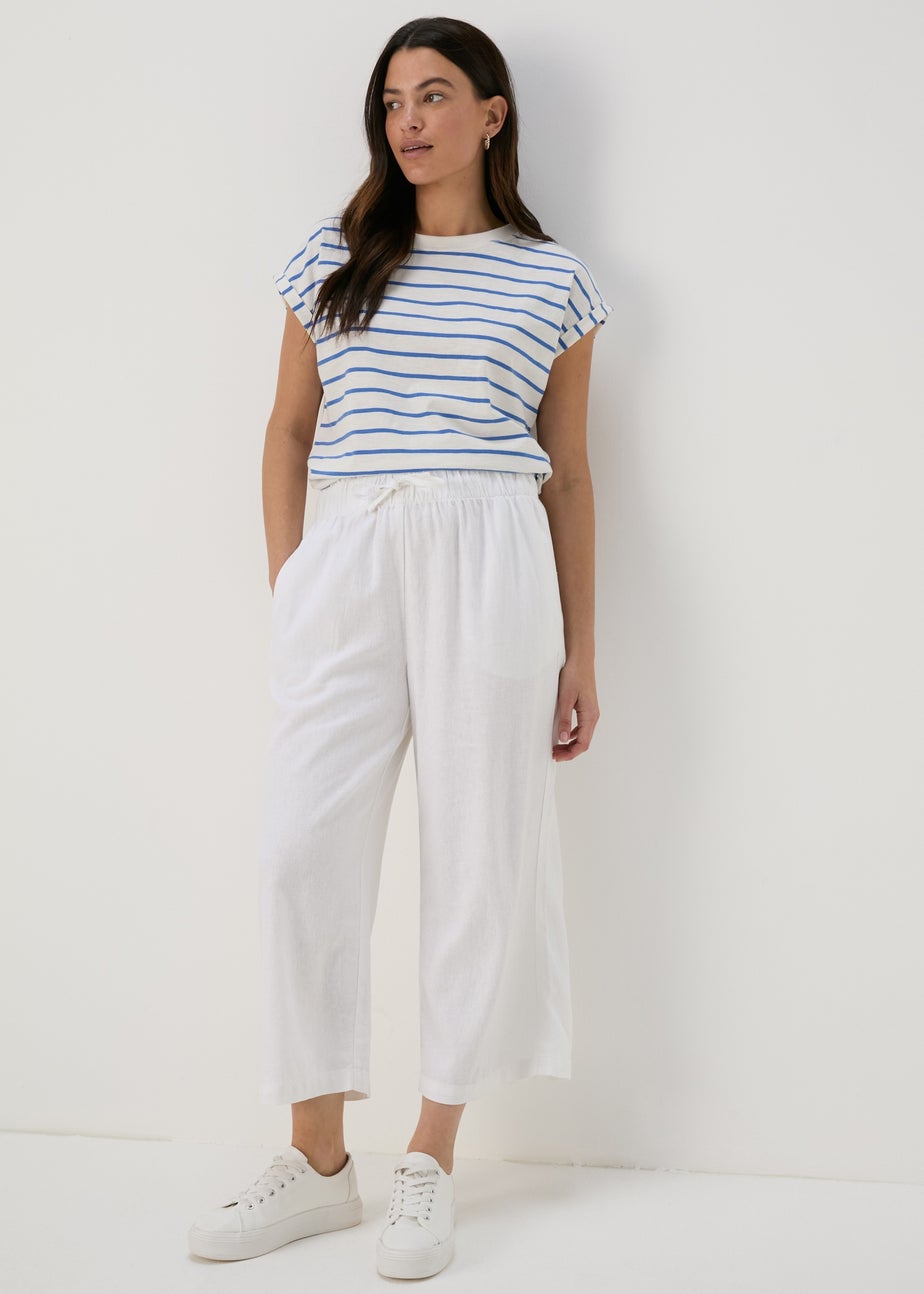 White Linen Wide Leg Crop Trousers