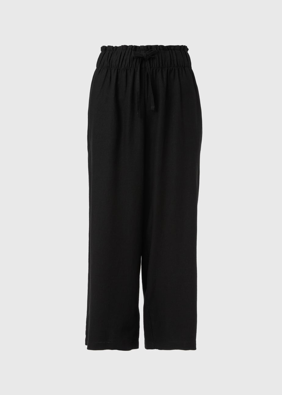Black Linen Wide Leg Crop Trousers