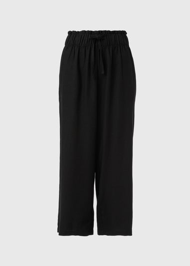 Black Linen Wide Leg Crop Trousers