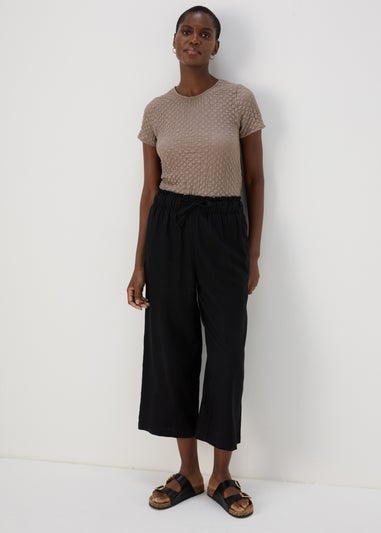 Black Linen Wide Leg Crop Trousers