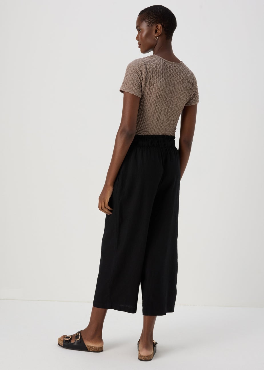 Black Linen Wide Leg Crop Trousers