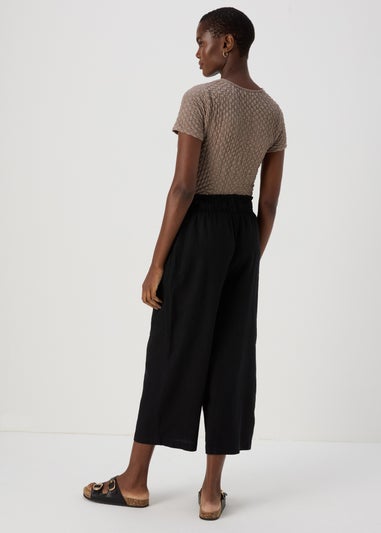 Black Linen Wide Leg Crop Trousers