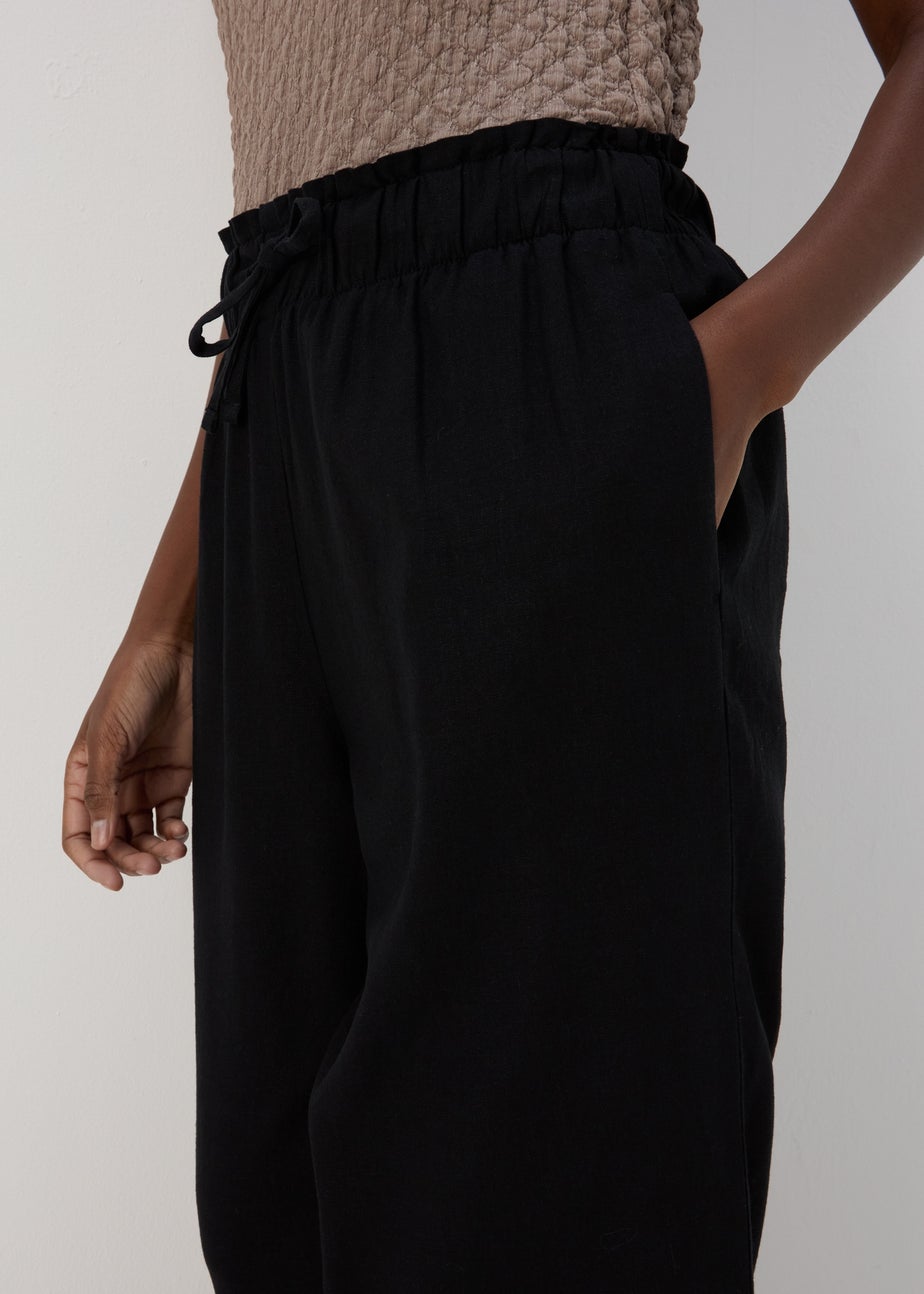 Black Linen Wide Leg Crop Trousers