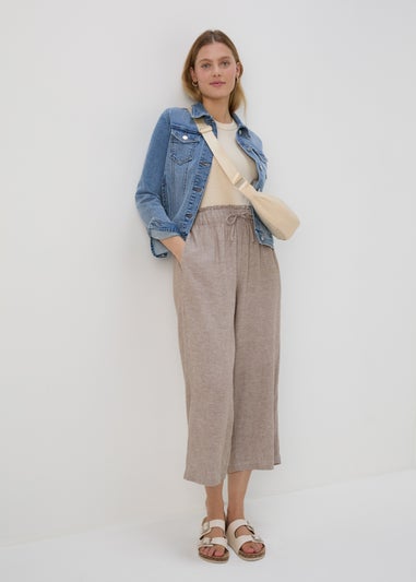 Stone Wide Leg Linen Crop Trousers