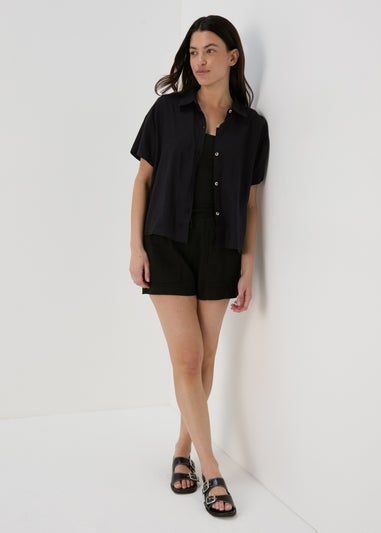 Black Linen Short Box Shirt