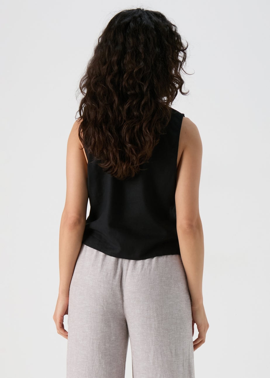 Black Solid Linen Button Vest