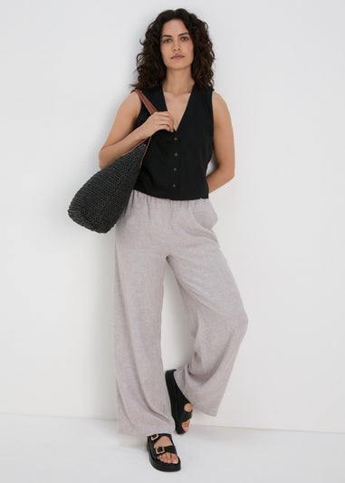 Black Solid Linen Button Vest