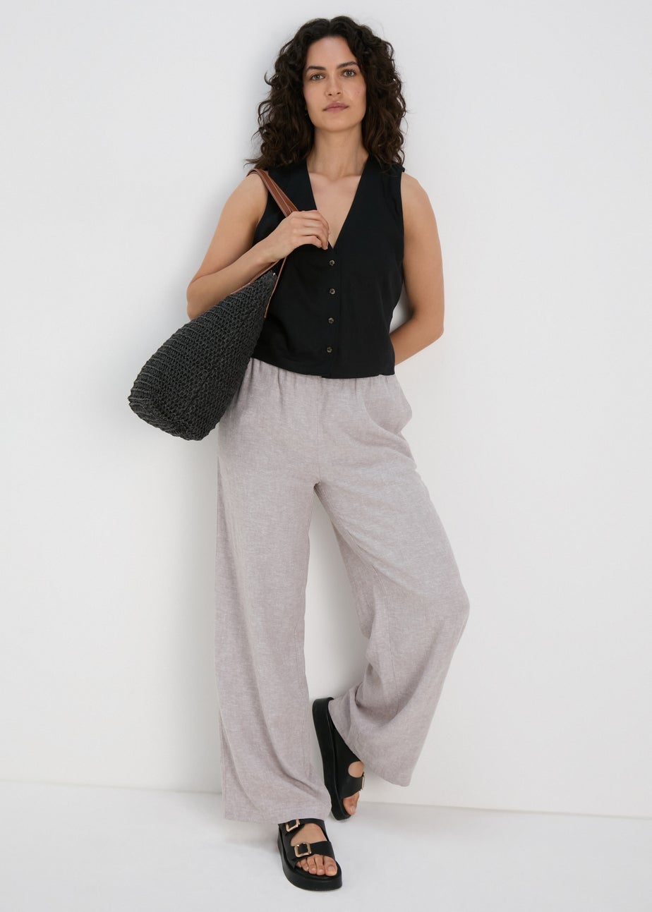 Black Solid Linen Button Vest