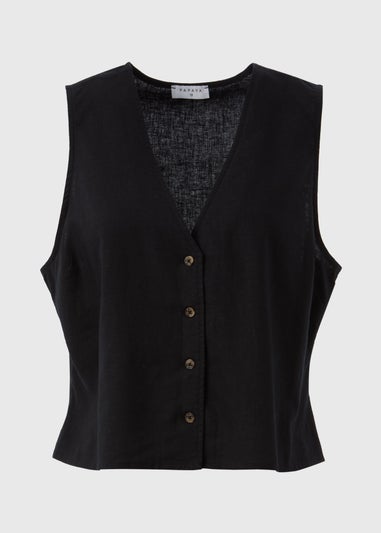 Black Solid Linen Button Vest