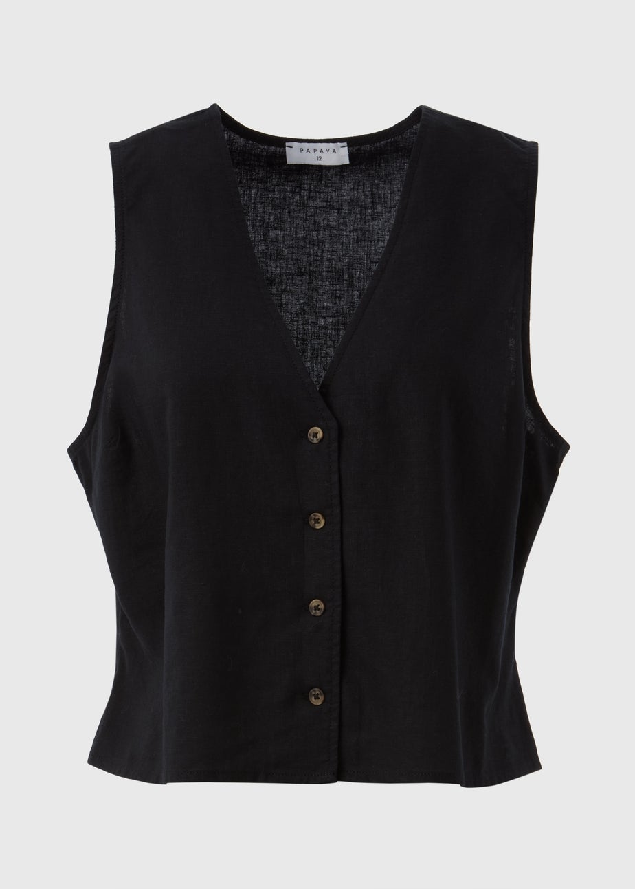 Black Solid Linen Button Vest