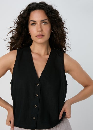 Black Solid Linen Button Vest