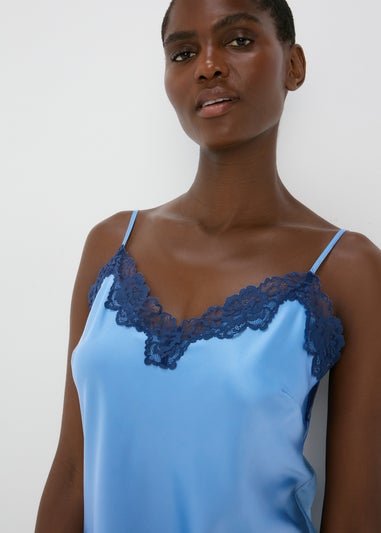 Blue Satin Contrast Lace Chemise Nightie
