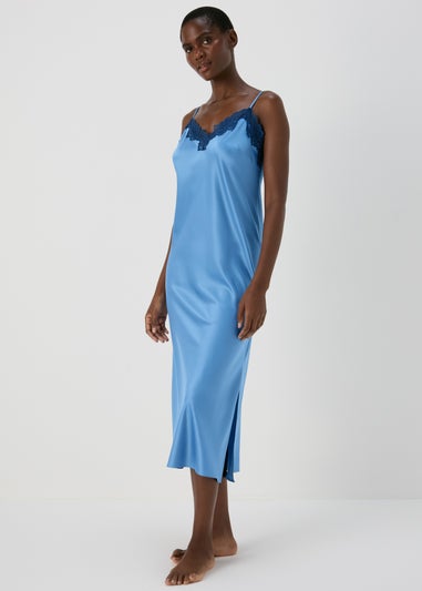 Blue Satin Contrast Lace Chemise Nightie