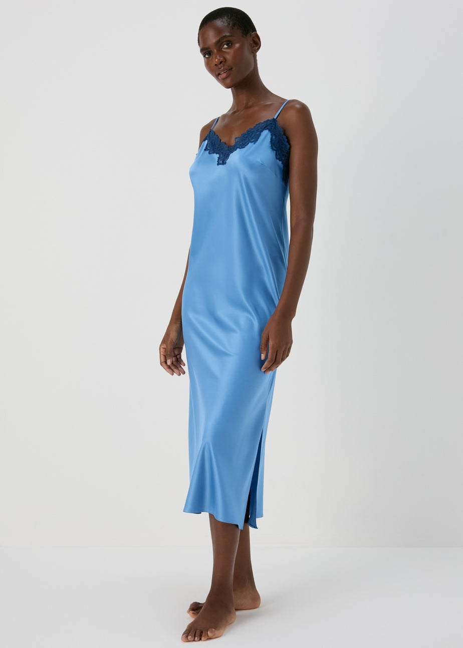 Blue Satin Contrast Lace Chemise Nightie