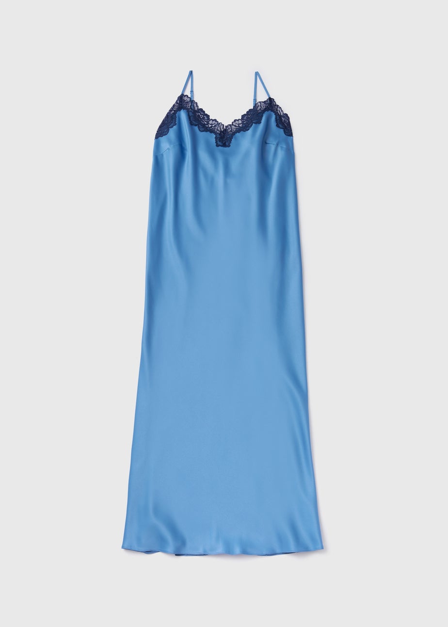 Blue Satin Contrast Lace Chemise Nightie