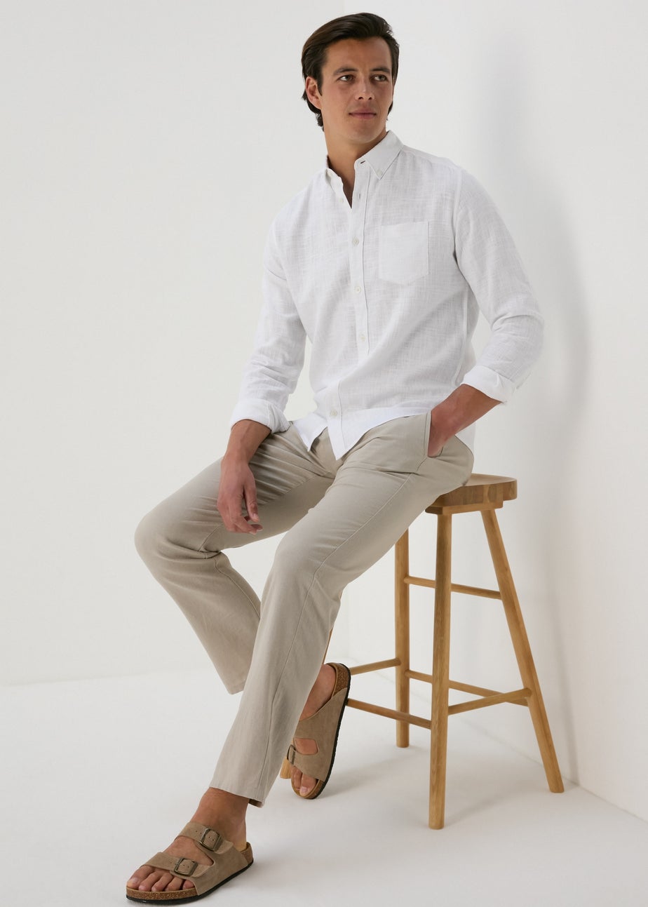 White Roll Up Sleeve Linen Viscose Shirt