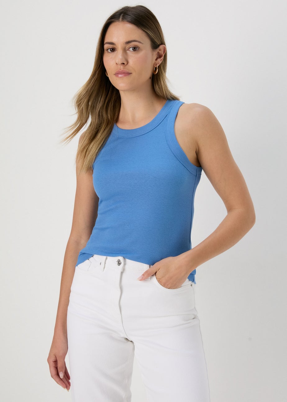 Blue Plain High Neck Ribbed Vest