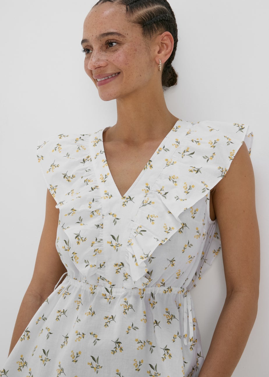 White Floral Print Ruffled Sides Blouse Top