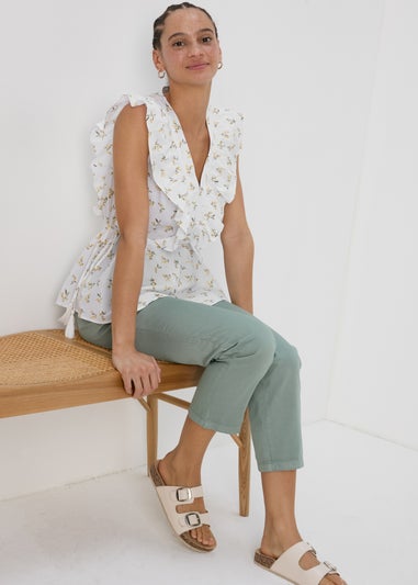 White Floral Print Ruffled Sides Blouse Top