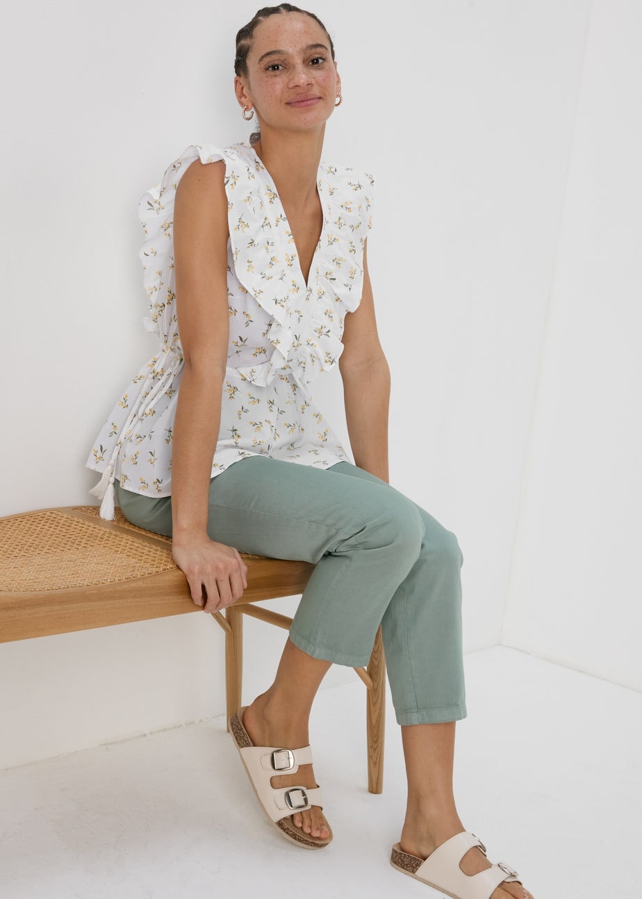 White Floral Print Ruffled Sides Blouse Top