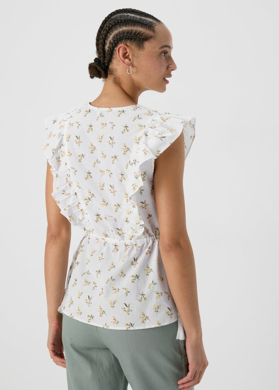 White Floral Print Ruffled Sides Blouse Top