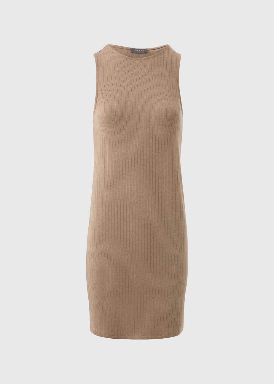 Taupe Racer Ribbed Mini Dress