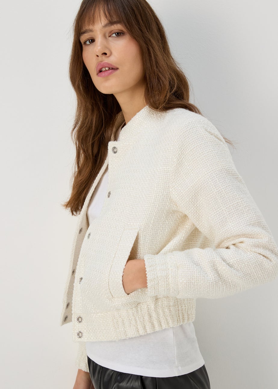 Ivory Boucle Bomber Jacket