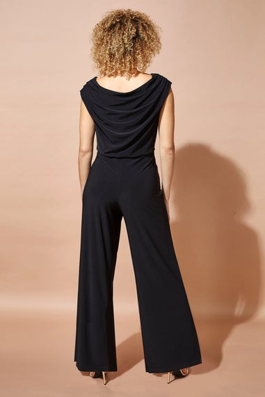 Roman Black Cowl Neck Ruched Stretch Jumpsuit