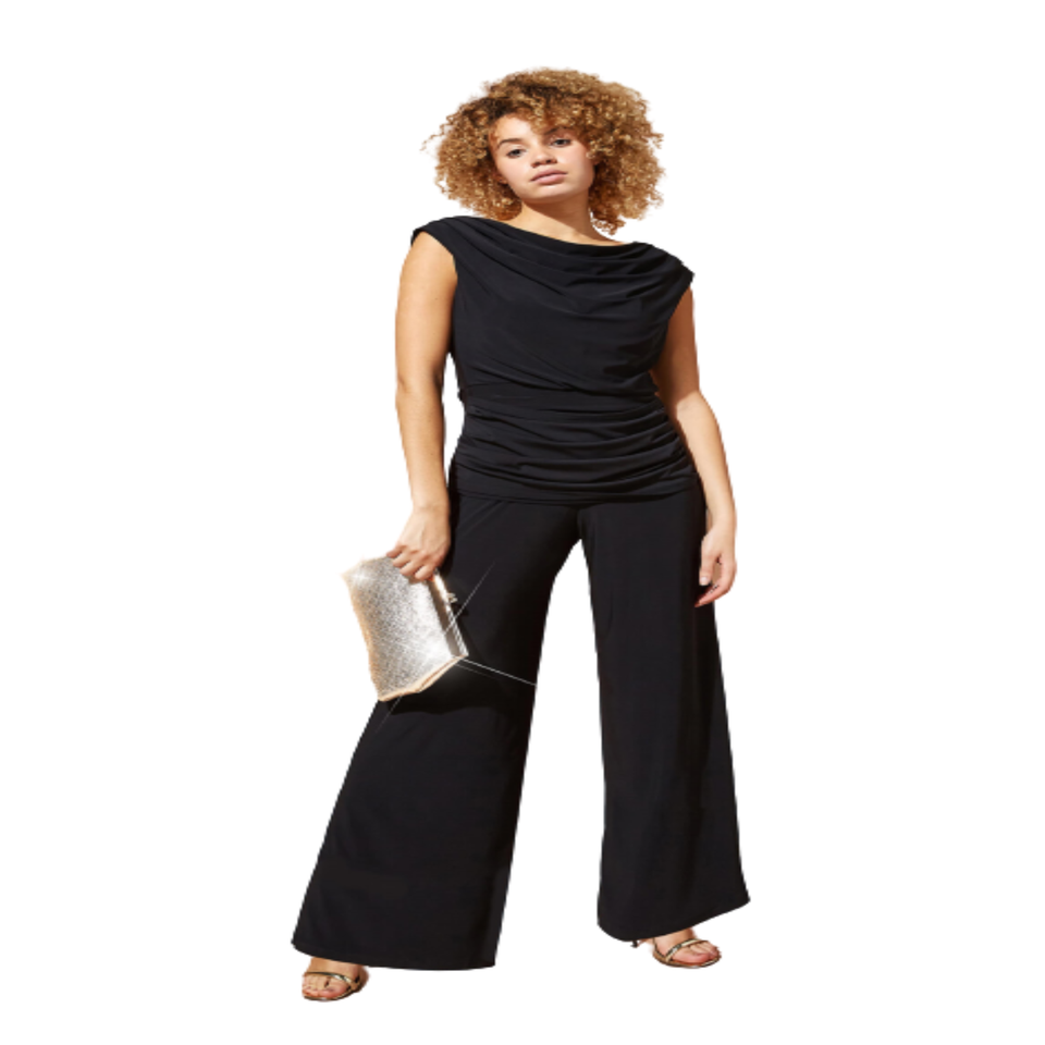 Roman Black Cowl Neck Ruched Stretch Jumpsuit