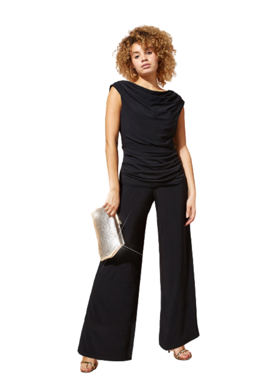 Roman Black Cowl Neck Ruched Stretch Jumpsuit