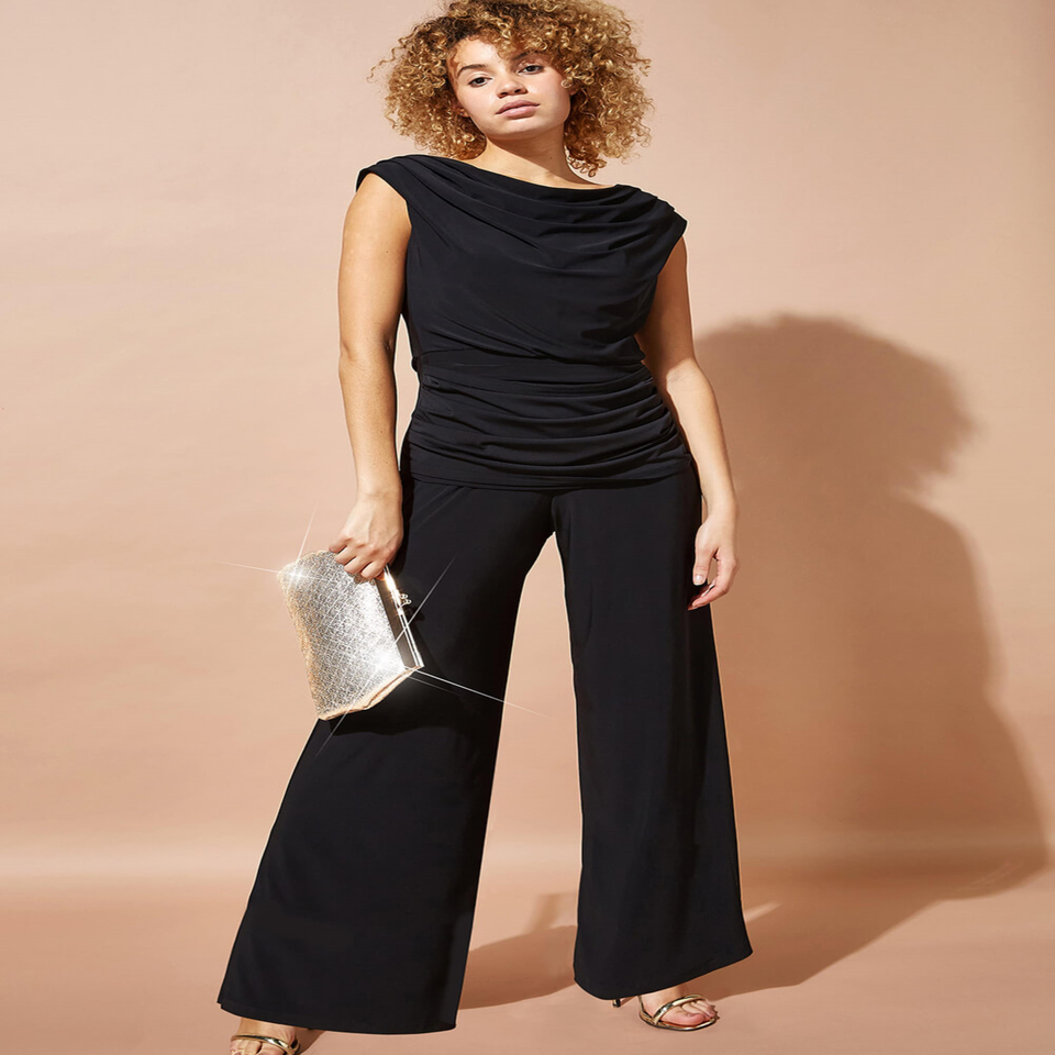 Roman Black Cowl Neck Ruched Stretch Jumpsuit