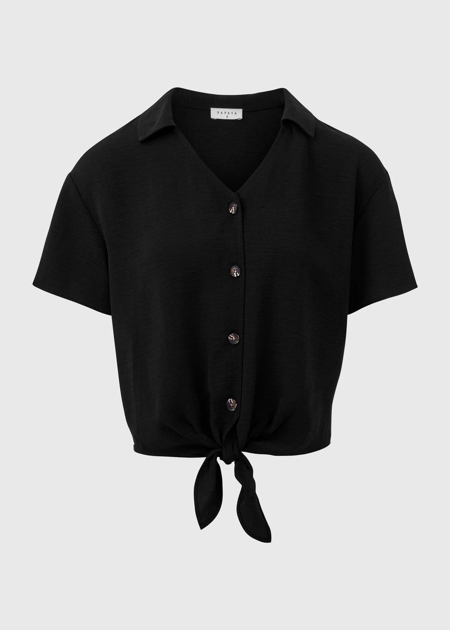 Black Solid Tie Front Airflow Shirt