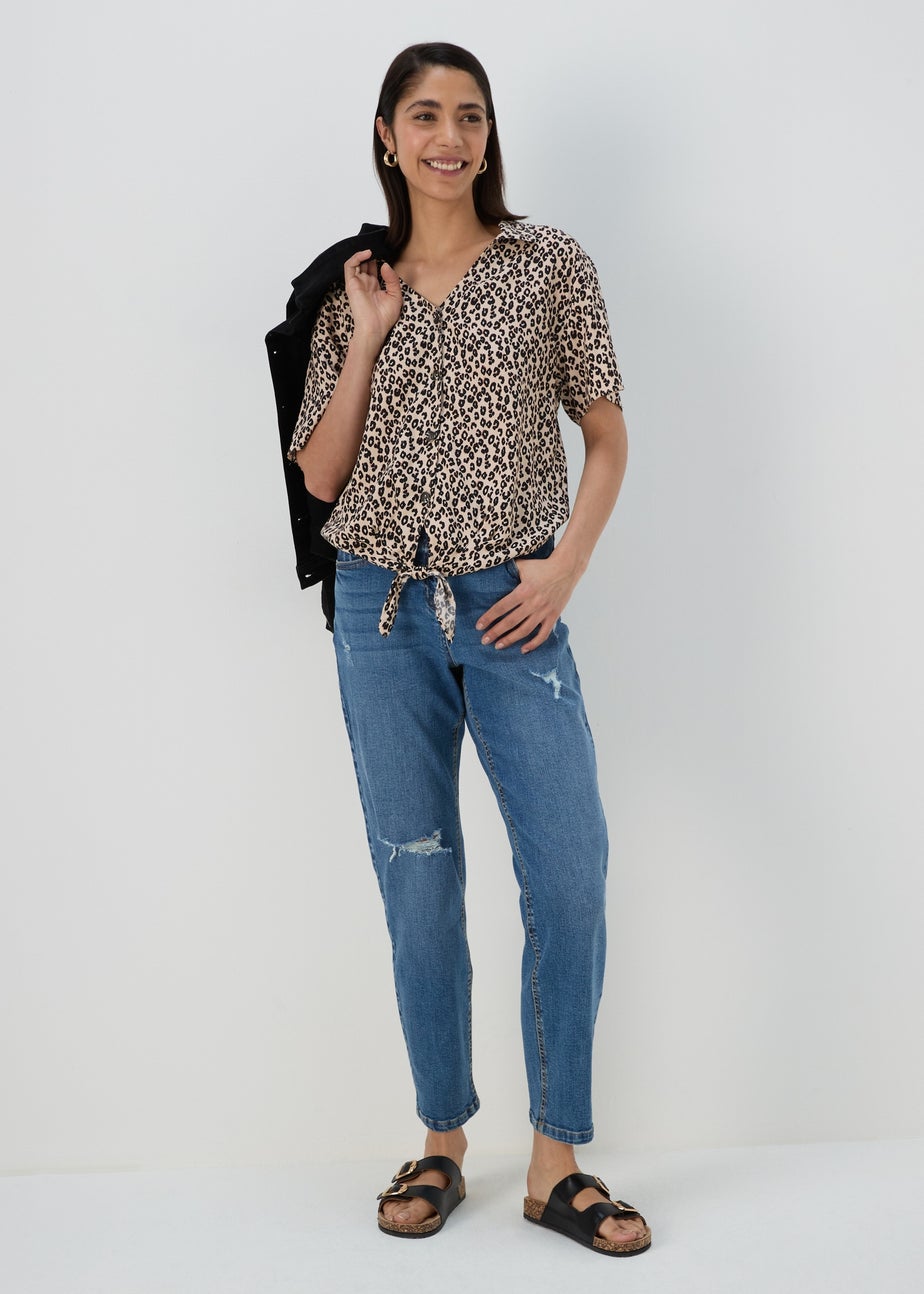 Brown Animal Print Tie Front Viscose Shirt