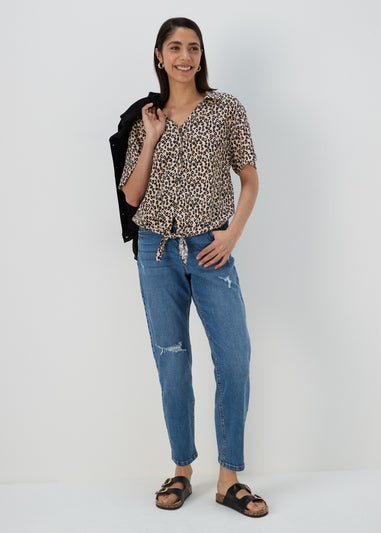 Brown Animal Print Tie Front Viscose Shirt