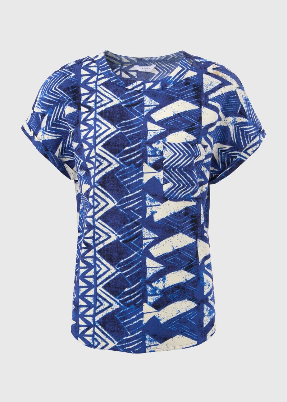 Blue Aztec Print Pocket Detail Box Top