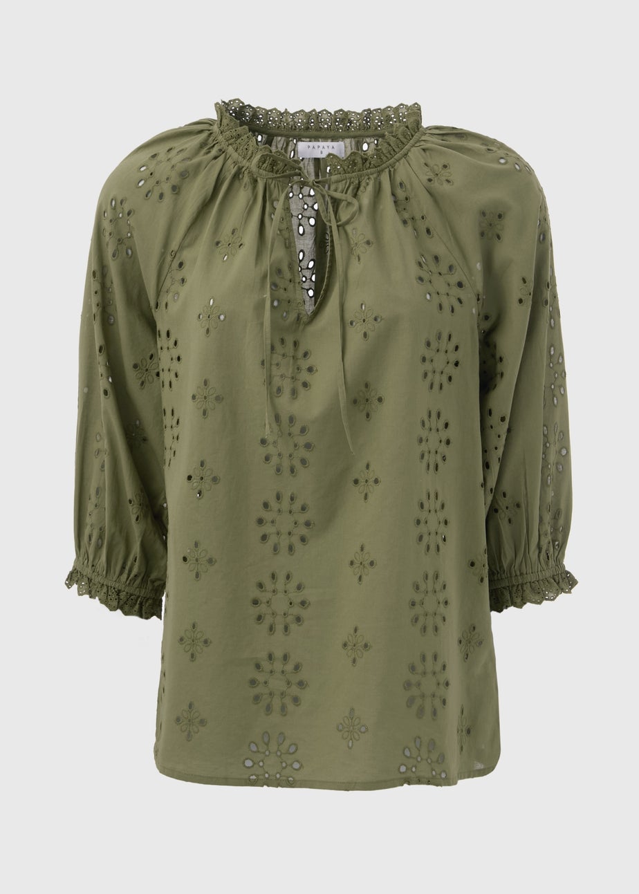 Khaki Broid Peasant Blouse Top