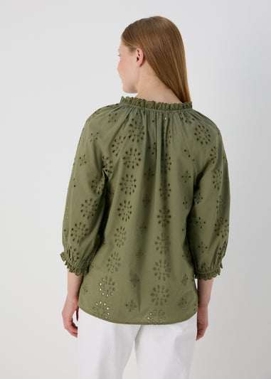 Khaki Broid Peasant Blouse Top