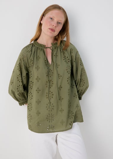 Khaki Broid Peasant Blouse Top