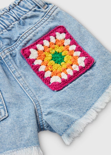 Girls Mid Wash Crochet Patch Denim Shorts (1-7yrs)