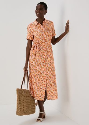 Orange Floral Viscose Shirt Dress