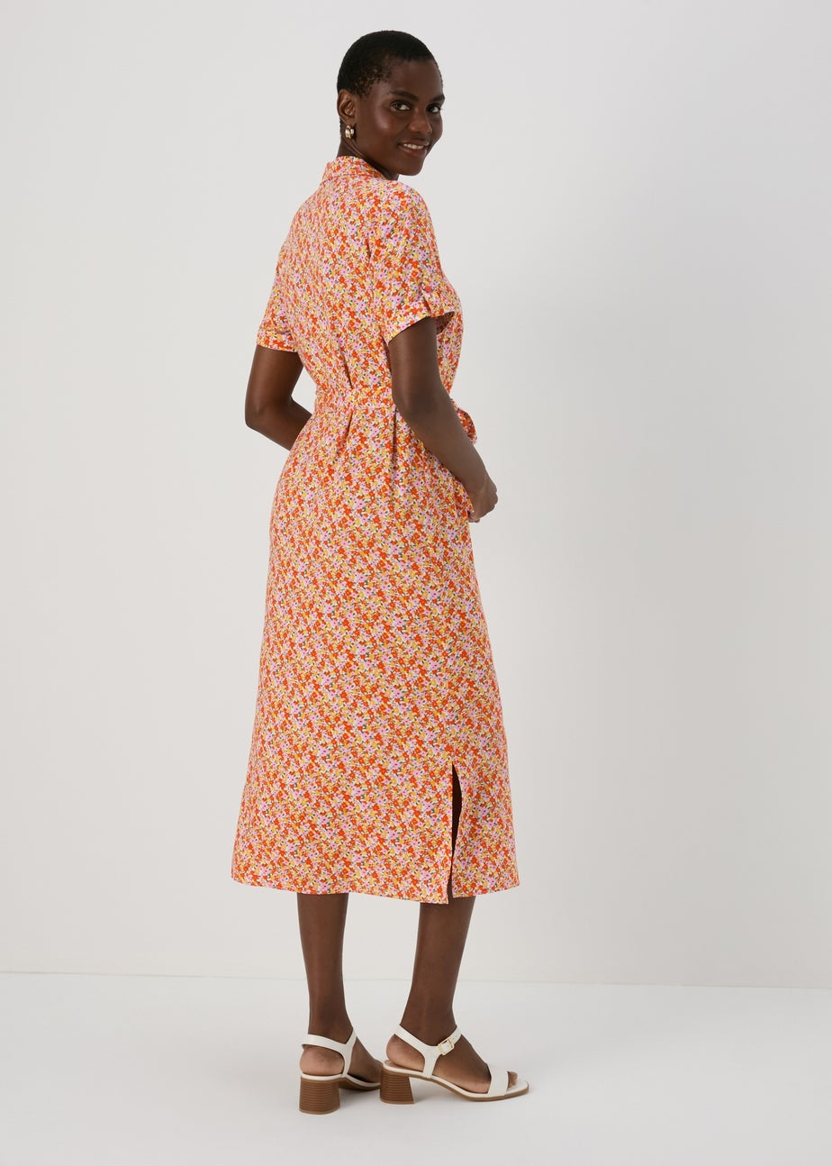 Orange Floral Viscose Shirt Dress