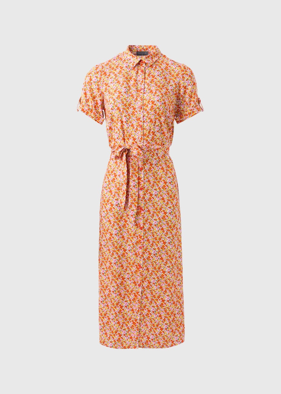 Orange Floral Viscose Shirt Dress