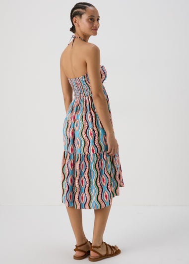 Blue Aztec Ruched Bandeau Midi Dress