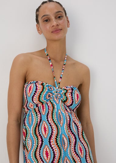 Blue Aztec Ruched Bandeau Midi Dress