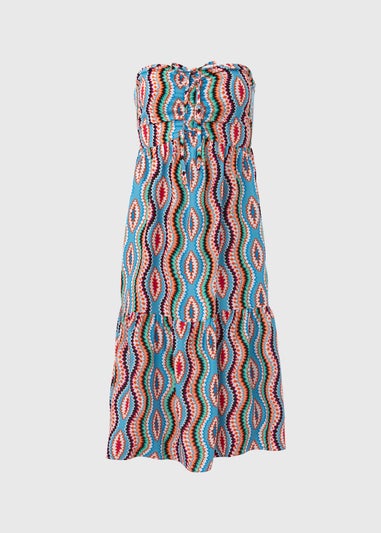 Blue Aztec Ruched Bandeau Midi Dress