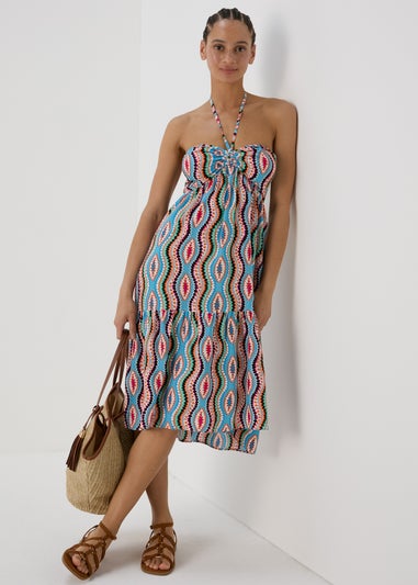 Blue Aztec Ruched Bandeau Midi Dress