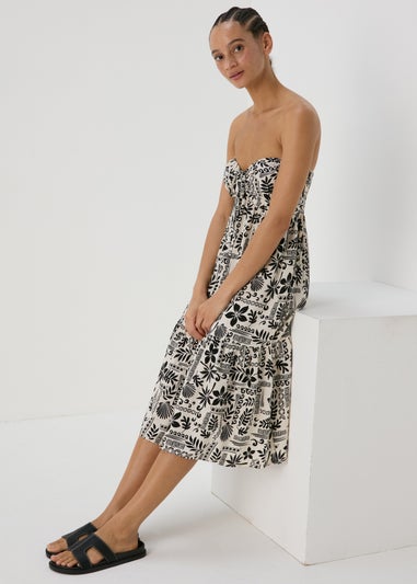 Black Printed Ruched Bandeau Midi Dress