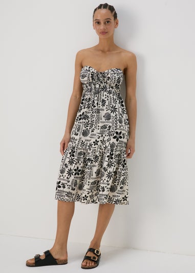 Black Printed Ruched Bandeau Midi Dress