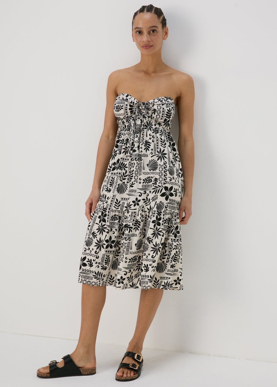Black Printed Ruched Bandeau Midi Dress