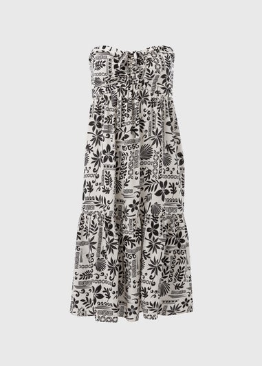 Black Printed Ruched Bandeau Midi Dress